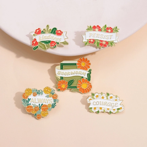 Inspirational English Flower Book Heart Enamel Brooch Zinc Alloy Baked Paint Badge Fashion Jewelry For Clothes Scarf Gift