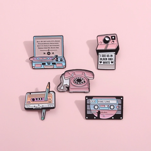 Retro Pink Alloy Enamel Pin Music Theme Cassette Record Player Polaroid Camera Rotary Phone Brooch Badge For Clothes Bag