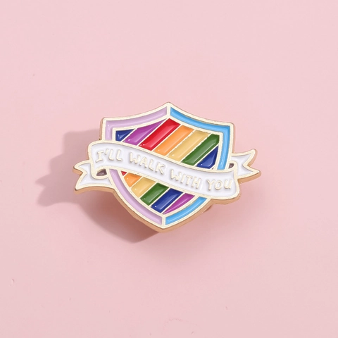 Rainbow Enamel Pin Shield Round Brooch Badge I'll Walk With You Lettering Jewelry Gift For Backpack Jacket Hat Unisex Alloy Pin