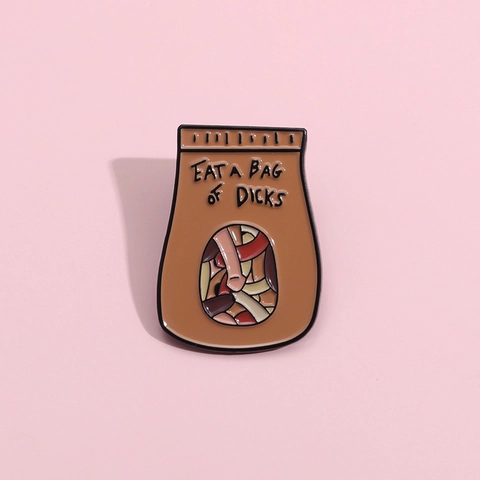 Satirische Papiertüte Emaille Pin Eat A Bag Of Dicks Lustige Cartoon Legierung Brosche Abzeichen Für Kleidung Rucksack Deko Zubehör