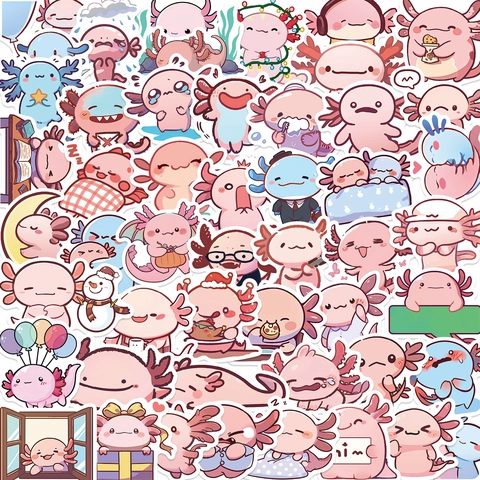 Autocollants Imperméables Axolotl de Dessin Animé Mignon Ordinateur Portable Bouteille d'Eau Bagages Décalcomanies Décoratives Enfants Étudiants Cadeau