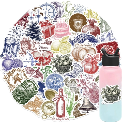 Vintage Retro Handgezeichnete Aufkleber Kollektion Für Laptop Gepäck Gitarre Journaling Wasserdichte PVC Asthetische Decals Für Scrapbooking