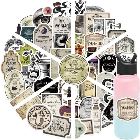 Vintage Gothic Apothecary Potion Label Stickers Αδιάβροχα Ματ PVC Αυτοκόλλητα Για Μπουκάλια Νερού Laptop Scrapbooking Μυστήριο Μαγεία Θέμα Διακόσμηση