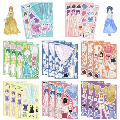 8 Fogli di Adesivi Fai da Te Principessa Vestire Cartone Animato Vestiti per Bambole Collage Adesivi per Bambini Ragazze Creativo Fai da Te