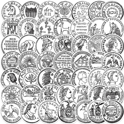 Vintage Coin Theme Waterproof PVC Stickers Collection Black White Historical Design For Laptop Luggage Guitar DIY Journal Decoration