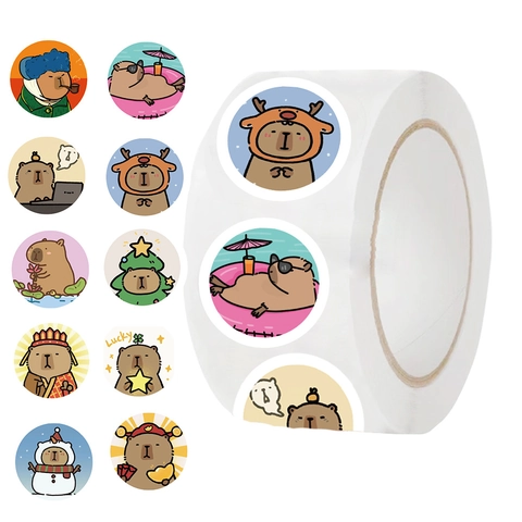 Cartoon Capybara Washi Paper Stickers Round Self Adhesive Decorative Labels For DIY Scrapbooking Journal Planning Stationery Supplies