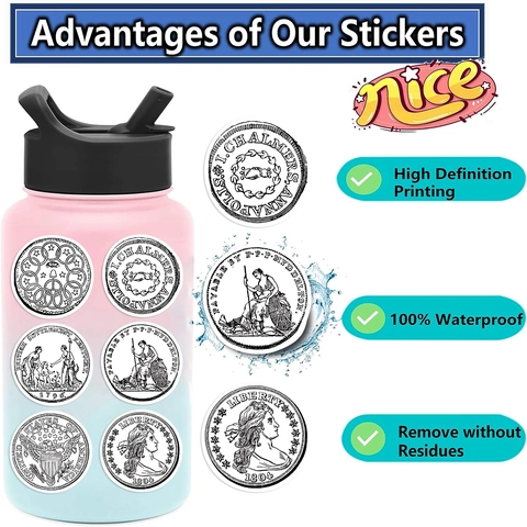 Vintage Coin Theme Waterproof PVC Stickers Collection Black White Historical Design For Laptop Luggage Guitar DIY Journal Decoration