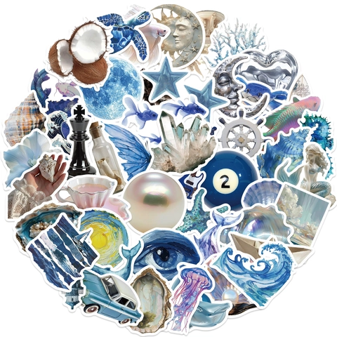 Silver Blue Ocean Theme Waterproof PVC Stickers For Laptop Guitar Luggage DIY Decorative Art Graffiti Decals Variety