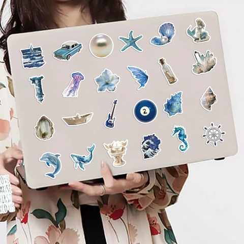 Silver Blue Ocean Theme Waterproof PVC Stickers For Laptop Guitar Luggage DIY Decorative Art Graffiti Decals Variety