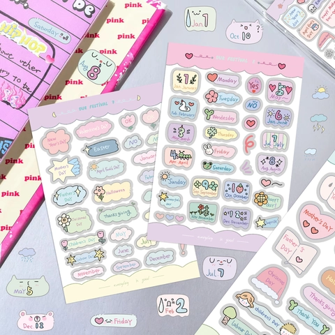 Cartoon Festival Scrapbooking Stickers PVC Waterproof Journal Planner Deco Stickers With Months Weeks And Holiday Symbols