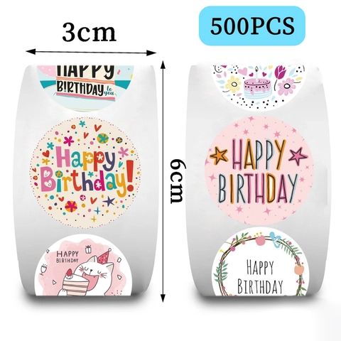 Round Cartoon Happy Birthday Stickers Roll For Gift Wrapping Envelope Sealing DIY Scrapbooking Decoration Party Supplies
