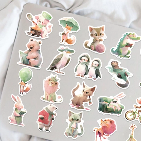 Cartoon Animal Stickers Pink Green Watercolor Hand-Drawn Waterproof PVC Decals For Laptop Guitar Luggage DIY Decor