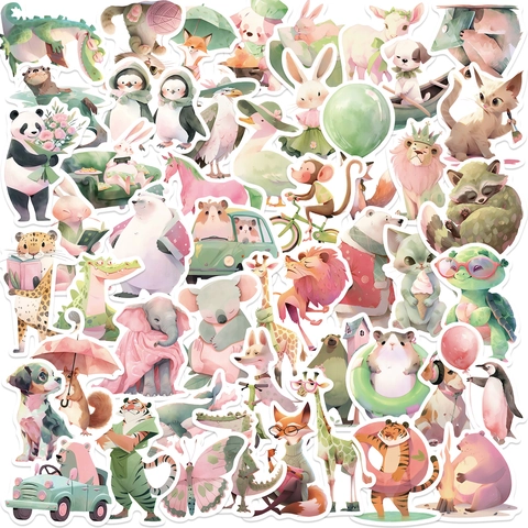 Cartoon Animal Stickers Pink Green Watercolor Hand-Drawn Waterproof PVC Decals For Laptop Guitar Luggage DIY Decor