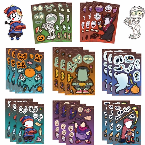 Halloween DIY Make A Face Stickers Waterproof PVC Halloween Party Games For Kids Monster Pumpkin Ghost Witch DIY Sticker Sheet Set