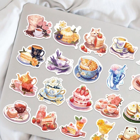 Afternoon Tea Theme Waterproof PVC Stickers For Laptop Guitar Luggage DIY Decorative Watercolor Dessert Floral Vinyl Decals