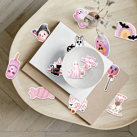 Adesivi Halloween Rosa Impermeabili PVC Cartone Animato Fantasma Zucca Teschio Decalcomanie Per Laptop Valigia Chitarra Fai Da Te