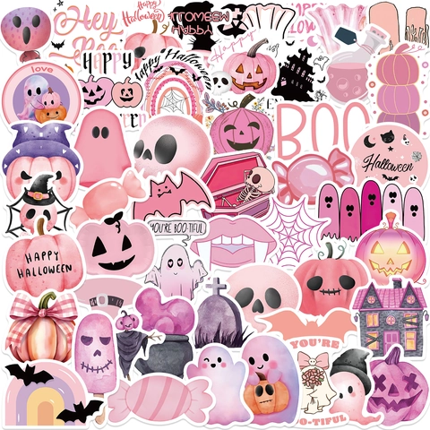 Adesivi Halloween Rosa Impermeabili PVC Cartone Animato Fantasma Zucca Teschio Decalcomanie Per Laptop Valigia Chitarra Fai Da Te