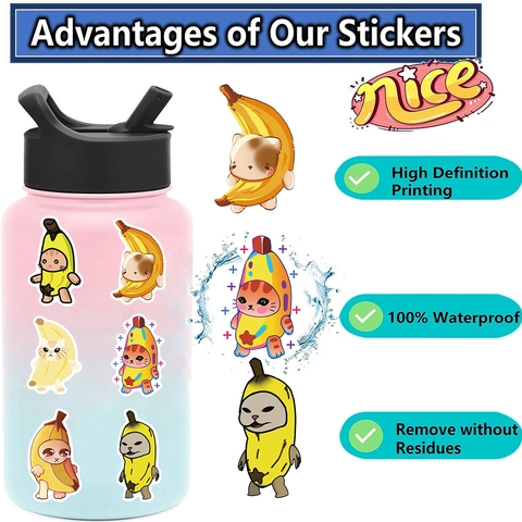 50Pcs Cartoon Banana Cat Meme Stickers Waterproof PVC Vinyl Graffiti Decals For Laptop Guitar Luggage DIY Decorative Gift