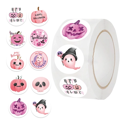 500Pcs Roll Cute Cartoon Pink Halloween Washi Tape Stickers For Scrapbooking Envelope Sealing Pumpkin Ghost Skull Decorative Labels