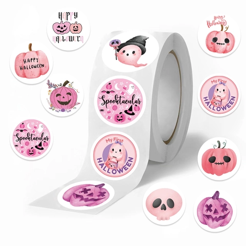 500Pcs Roll Cute Cartoon Pink Halloween Washi Tape Stickers For Scrapbooking Envelope Sealing Pumpkin Ghost Skull Decorative Labels