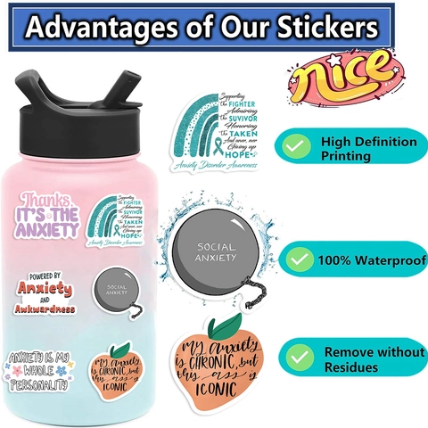 Mental Health Anxiety Awareness Stickers Waterproof PVC Inspirational Quotes Decals For Laptop Water Bottle Suitcase Decor