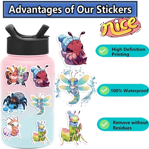 Cartoon Insect Graffiti Stickers Waterproof PVC Decals Cute Bee Spider Ladybug Caterpillar DIY Decorative Stickers Laptop Guitar Luggage Aesthetic