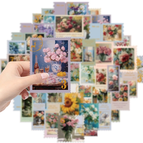 Vintage Oil Painting Floral Postage Stamp Stickers Waterproof PVC Decorative Decals For Laptop Luggage Guitar DIY Decor
