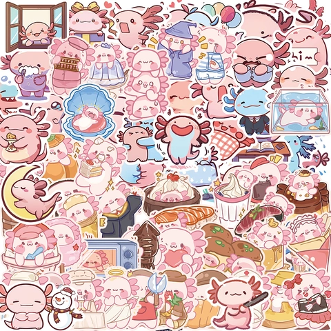 Süße Cartoon Axolotl Wasserfeste PVC Sticker Für Laptop Gitarre Gepäck DIY Scrapbooking Dekoration Rosa Ästhetische Doodle Aufkleber