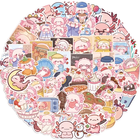 Süße Cartoon Axolotl Wasserfeste PVC Sticker Für Laptop Gitarre Gepäck DIY Scrapbooking Dekoration Rosa Ästhetische Doodle Aufkleber