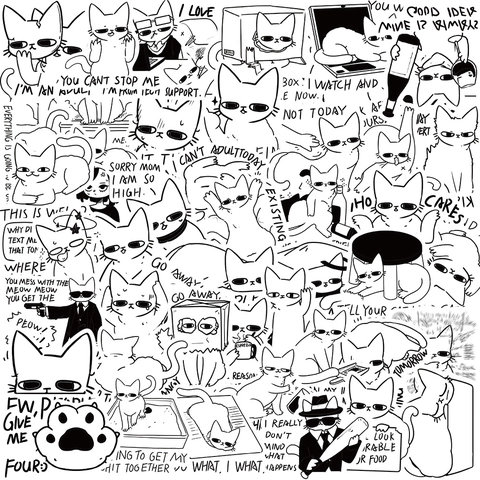 Waterproof PVC Black White Cat Doodle Stickers For Laptop Guitar Luggage DIY Decorative Decals Funny Animal Graffiti Art Decal