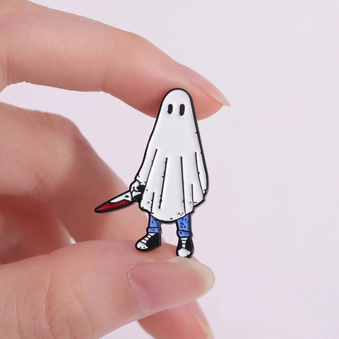 Cartoon Halloween Ghost Enamel Pin Alloy Brooch Funny Holding Knife White Ghost Badges For Clothing Bag Accessories