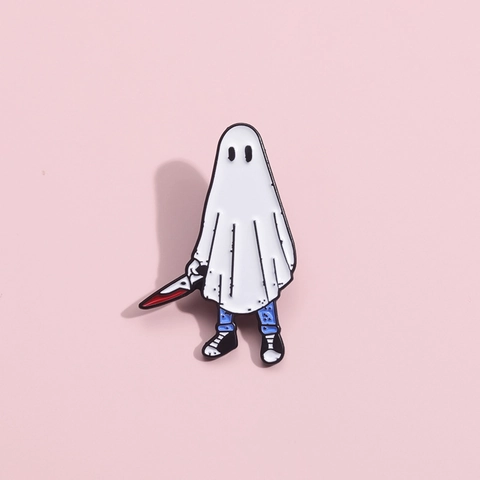 Halloween Ghost Holding Knife Enamel Brooch Pin Cartoon Character Alloy Metal Badge Funny Dark Humor Lapel Pin Jewelry Gift