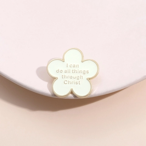 Zinc Alloy White Flower Enamel Brooch Inspirational Quote Christian Religious Lapel Pin Badge Jewelry Gift For Women Men