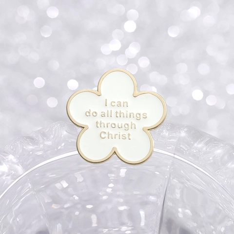 Emaille Blumen Brosche I Can Do All Things Through Christ Bibelvers Legierung Weiß Gold Floral Abzeichen Schmuck Zubehör