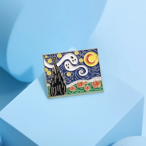 Van Gogh Starry Sky Artistic Enamel Brooch Pin Creative Whale Boat Avocado Ghost Pumpkin Metal Badge For Clothing Decor