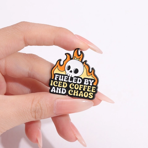 Fueled By Iced Coffee Enamel Brooch Individual Cartoon Alloy Badges Funny Letter Quote Skeleton TV Pins Jewelry Gift For Unisex