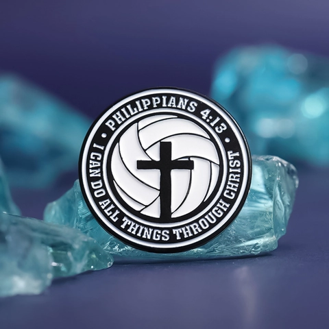 Broche Ronde en Émail Volley-ball Croix Alliage de Zinc Religieuse Verset Biblique Philippiens 4:13 Badge Épingle de Revers pour Hommes Femmes