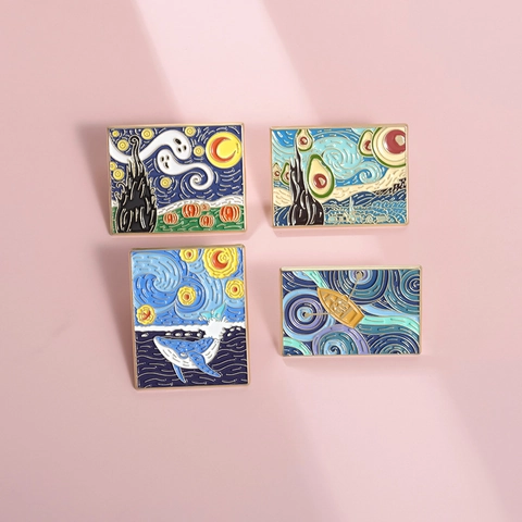 Van Gogh Starry Sky Artistic Enamel Brooch Pin Creative Whale Boat Avocado Ghost Pumpkin Metal Badge For Clothing Decor