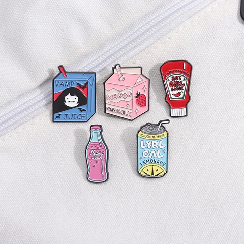 Cartoon Enamel Pin Alloy Brooch Creative Strawberry Milk Box Vamp Juice Hot Sauce Soda Bottle Badge Jewelry Gift
