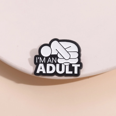 Creative Black And White Enamel Pin I'M AN ADULT Zinc Alloy Brooch Funny Figure Badge For Clothing Bag Accessories