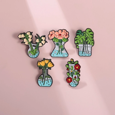 Laboratory Glassware Plant Enamel Pin Brooch Alloy Painted Cartoon Flower Monstera Tulip Flask Beaker Test Tube Jewelry Badge