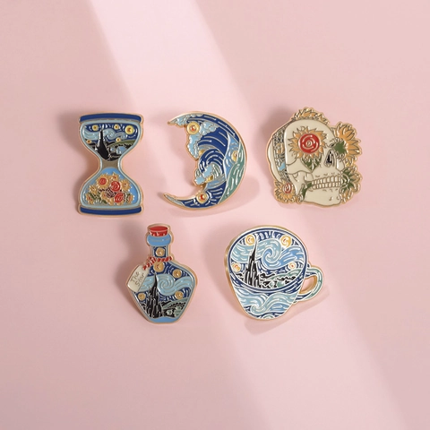 Artistieke Olieverfschilderij Emaille Pin Van Gogh Sterrennacht Zonnebloem Schedel Zandloper Broche Reversspeld Voor Tas