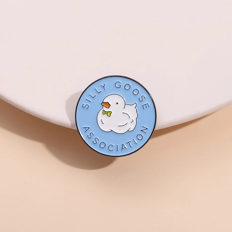 Silly Goose Association Enamel Pin Cute White Cartoon Goose With Bow Tie Round Zinc Alloy Brooch Badge For Clothing Decor