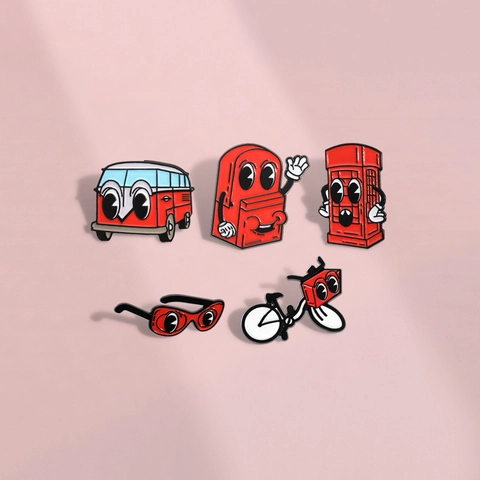 Cartoon Red Enamel Brooch Pin For Clothing Backpack Retro Phone Booth Bus Bicycle Glasses Funny Alloy Badge Jewelry Gift