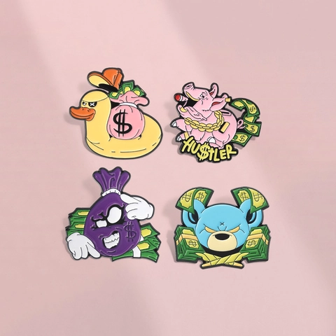 Cartoon Enamel Brooch Pin Hip Hop Style Money Bag Pig Duck Bear Metal Badge For Backpack Denim Jacket Decor Jewelry
