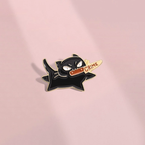 Funny Black Cat Holding Knife Enamel Pin Lettering Cartoon Animal Alloy Brooch For Backpack Clothing Accessories Unisex Jewelry