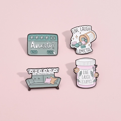 Creative Alloy Enamel Pin Set Mental Health Humor Medical Brooch Therapy Anxiety Pill Bottle Badge Accessories Jewelry Gift