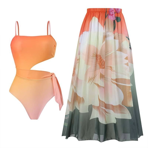 Ensemble Maillot de Bain Une Pièce Dégradé Et Sarong de Plage Floral pour Femme Maillot de Bain Sexy à Découpes Dos Nu Tenue de Vacances Été