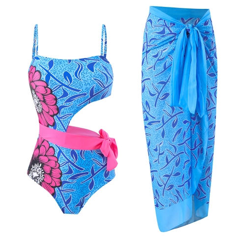 Ensemble Maillot de Bain Une Pièce Dégradé Et Sarong de Plage Floral pour Femme Maillot de Bain Sexy à Découpes Dos Nu Tenue de Vacances Été