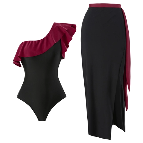 Damen Ein-Schulter Rüschen Einteiliger Badeanzug und Seitenschlitz Sarong Rock Zweiteiliges Set Polyester Elasthan Retro Strandmode